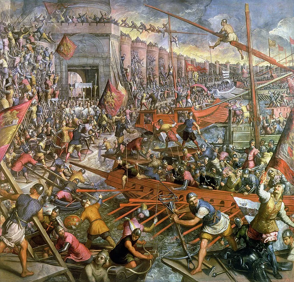 Tintoretto'nun, çok sayıda askerin kalabalık gemilerden ve karadan surlara tırmanarak, bayraklar ve kılıçlarla şiddetle çarpıştığı, kapılardan akın ettiği, kaosun hüküm sürdüğü dramatik bir İstanbul kuşatması veya deniz savaşı tablosu.