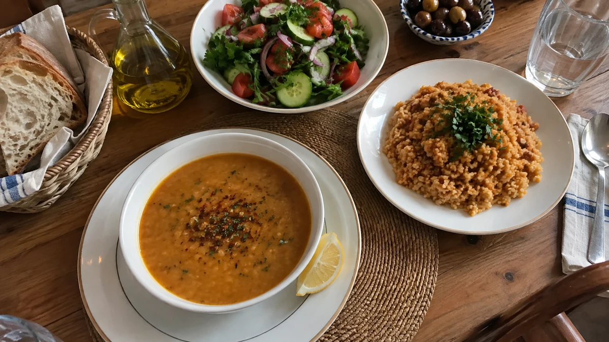 Bir masanın üzerinde, limon dilimiyle servis edilen mercimek çorbası, maydanozlu bulgur pilavı, taze yeşilliklerden oluşan salata, ekmek sepeti, zeytin, zeytinyağı ve su bardağı ile çeşitli lifli Türk yemekleri sergileniyor.
