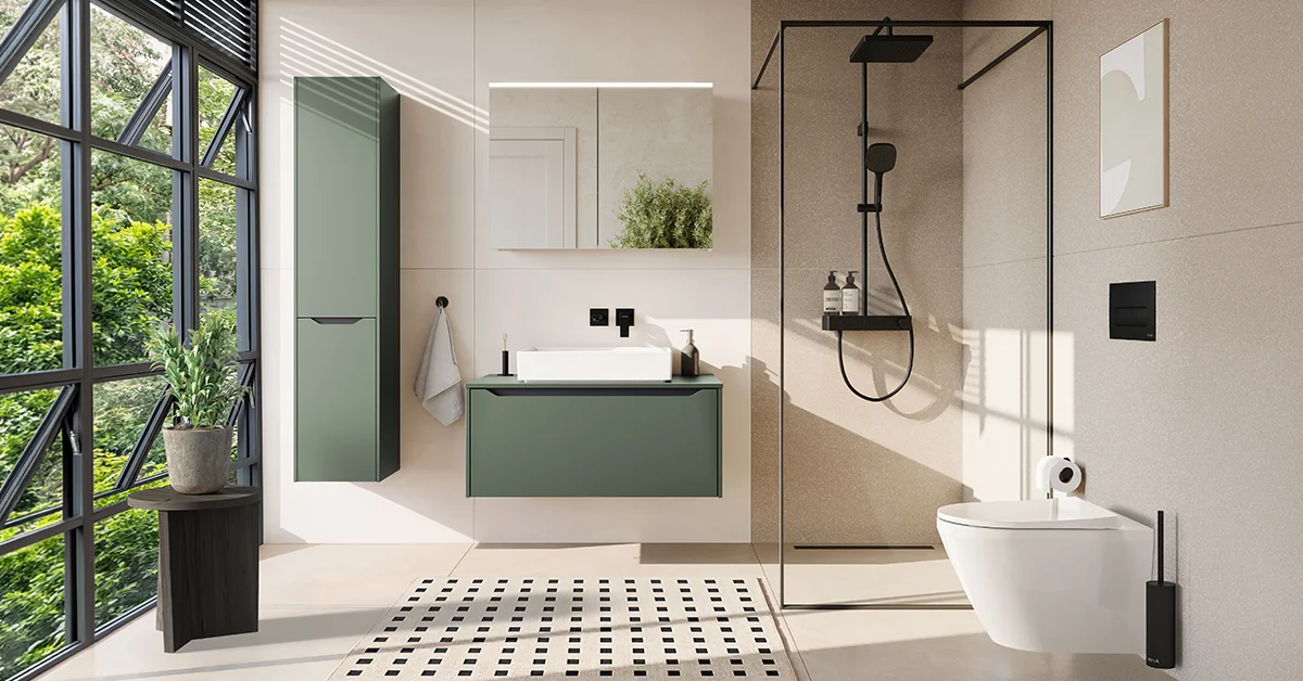 Modern bir banyoda, açık renkli çift lavabo tezgahı, antrasit dokulu duvar ve siyah armatürlerin ahşap bir tabure ile dengelendiği, kişisel ve bütünlüklü bir banyo tasarımında Mix & Match yaklaşımıyla sağlanan renk uyumunu gösteren şık bir görünüm.