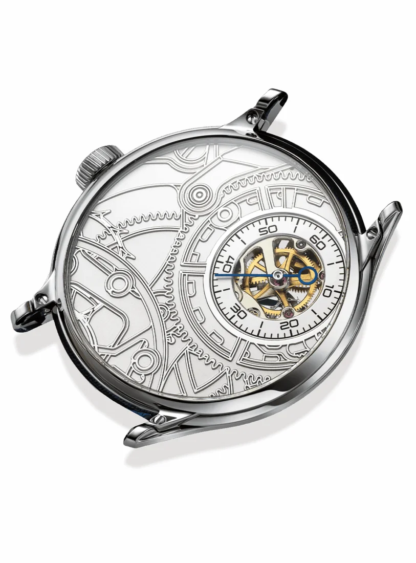 Lederer Watches CIC 39 In Verto Titanium iskelet saatinin kadranında, titanyum kasaya yerleştirilmiş, hassas dişlileri ve yayları gözler önüne seren karmaşık ve büyüleyici mekanik yapısı detaylı bir şekilde gösteriliyor.