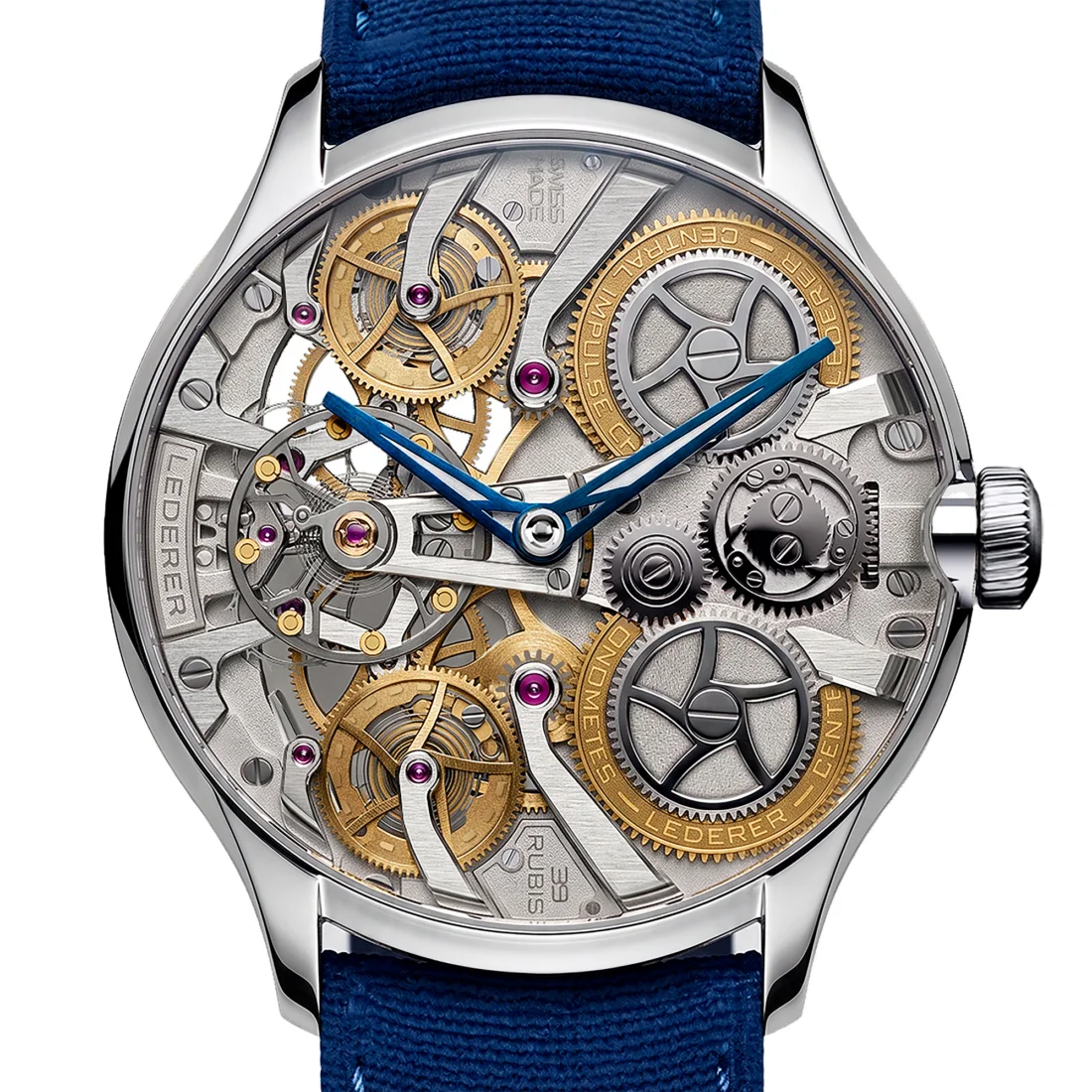 Lederer Watches CIC 39 In Verto titanyum kasalı iskelet saat, iç mekanizmasındaki hassas çarkları ve köprüleri şık bir şekilde sergileyen, zamanın karmaşık mühendisliğini ve estetiğini birleştiren modern bir tasarıma sahiptir.