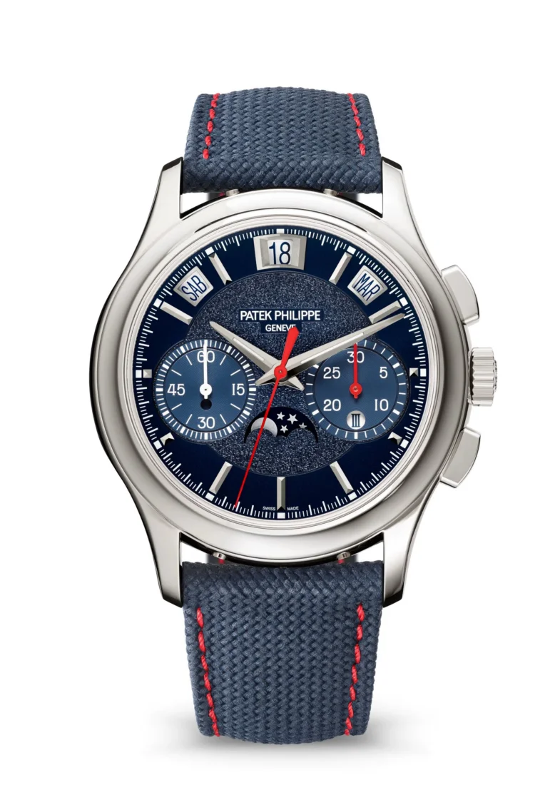 Patek Philippe Ref. 5978P-010-1 model lüks kol saati, platin kasası ve karmaşık kadran detaylarıyla, ince saatçilik zanaatının zamansız zarafetini ve üstün işçiliğini gözler önüne seriyor.