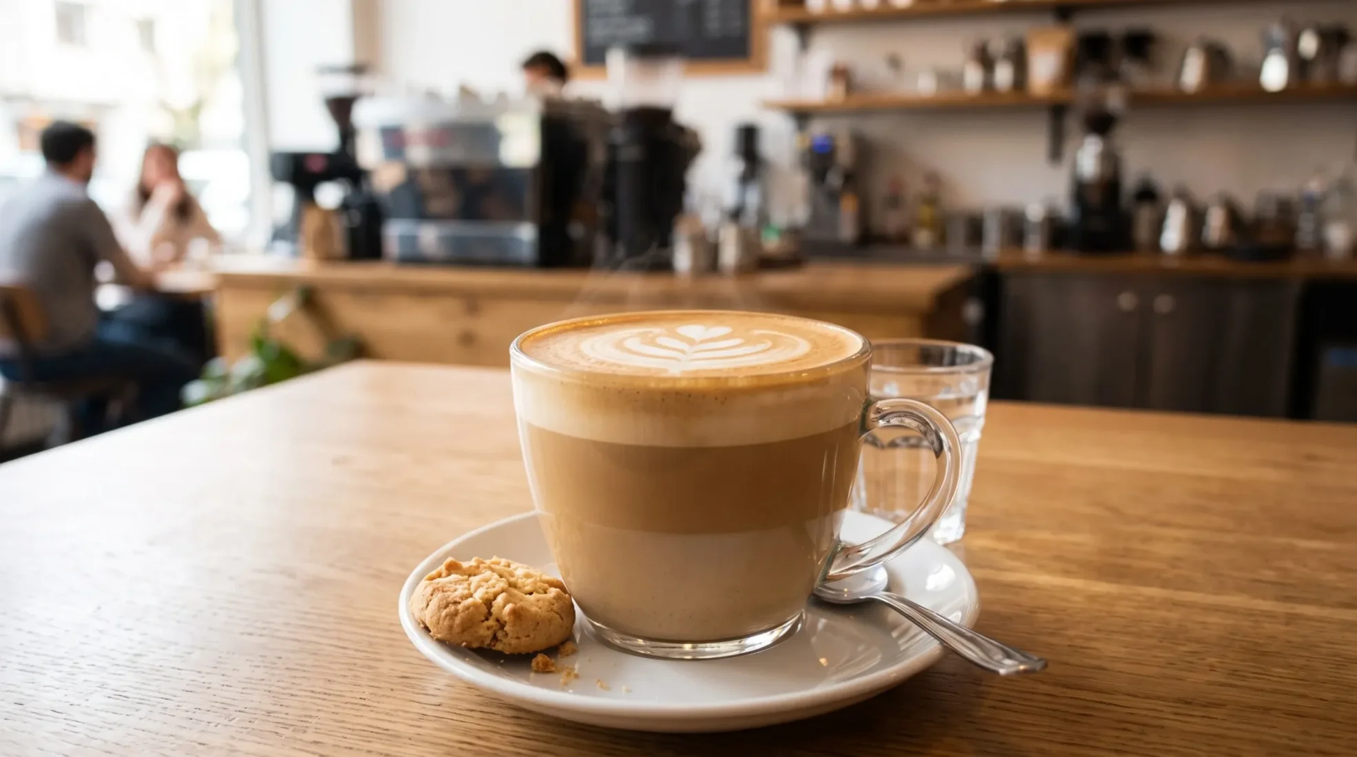 Beyaz seramik bir fincan içinde, üzerinde zarif bir kalp şekli oluşturan latte sanatı ile özenle hazırlanmış, çekici bir cafe latte, ışık alan bir kafenin ahşap masasında sıcak ve huzurlu bir kahve deneyimi vaat ederek keyifli anları çağrıştırıyor.