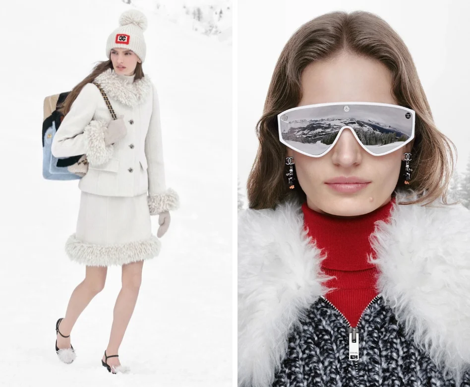 Karlı bir kış manzarasında, Chanel Coco Neige 2026 koleksiyonundan iki farklı görünüm: Chanel logolu beyaz beresi, kürklü beyaz ceketi ve etek takımıyla zarif bir model ile kayak gözlüklerinin dağları yansıttığı, kırmızı boğazlı kazağı ve kutup ayısı figürlü küpeleriyle yakın çekimdeki diğer model, Retro Kayak Modası'na modern bir dokunuş sunuyor.