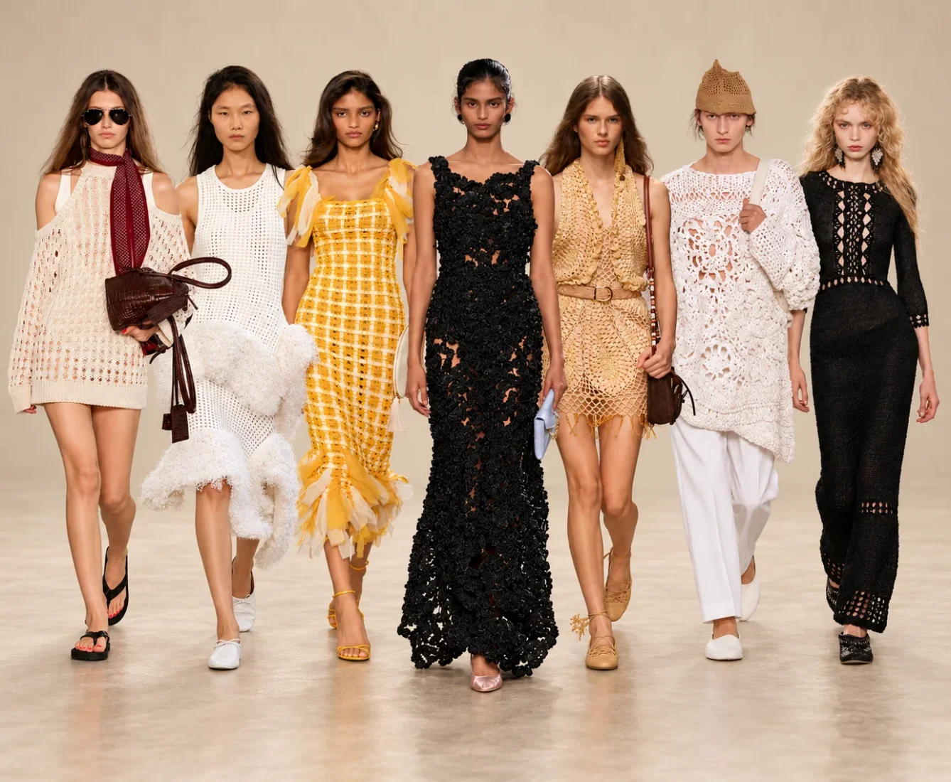2027 İlkbahar-Yaz Moda Trendleri arasında öne çıkan kroşe örgüler temasını vurgulayan bu defile görselinde, farklı cilt tonlarındaki yedi model, bej, beyaz, sarı ve siyah tonlarında, hacimli fırfırlıdan dar kesime uzanan çeşitli kroşe elbiseler, tunik ve pantolon kombinasyonlarıyla podyumda yürüyor.