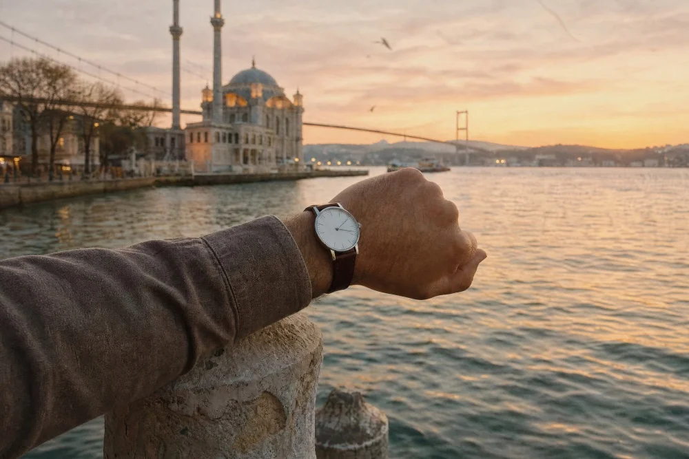 Yakın çekimde, bir saat ustasının elleri, özel aletler kullanarak titizlikle bir saatin hassas iç mekanizmasını ayarlarken, bu görüntü İstanbul Saat Festivali'nin zanaatkarlık ruhunu yansıtan bir anı temsil ediyor.