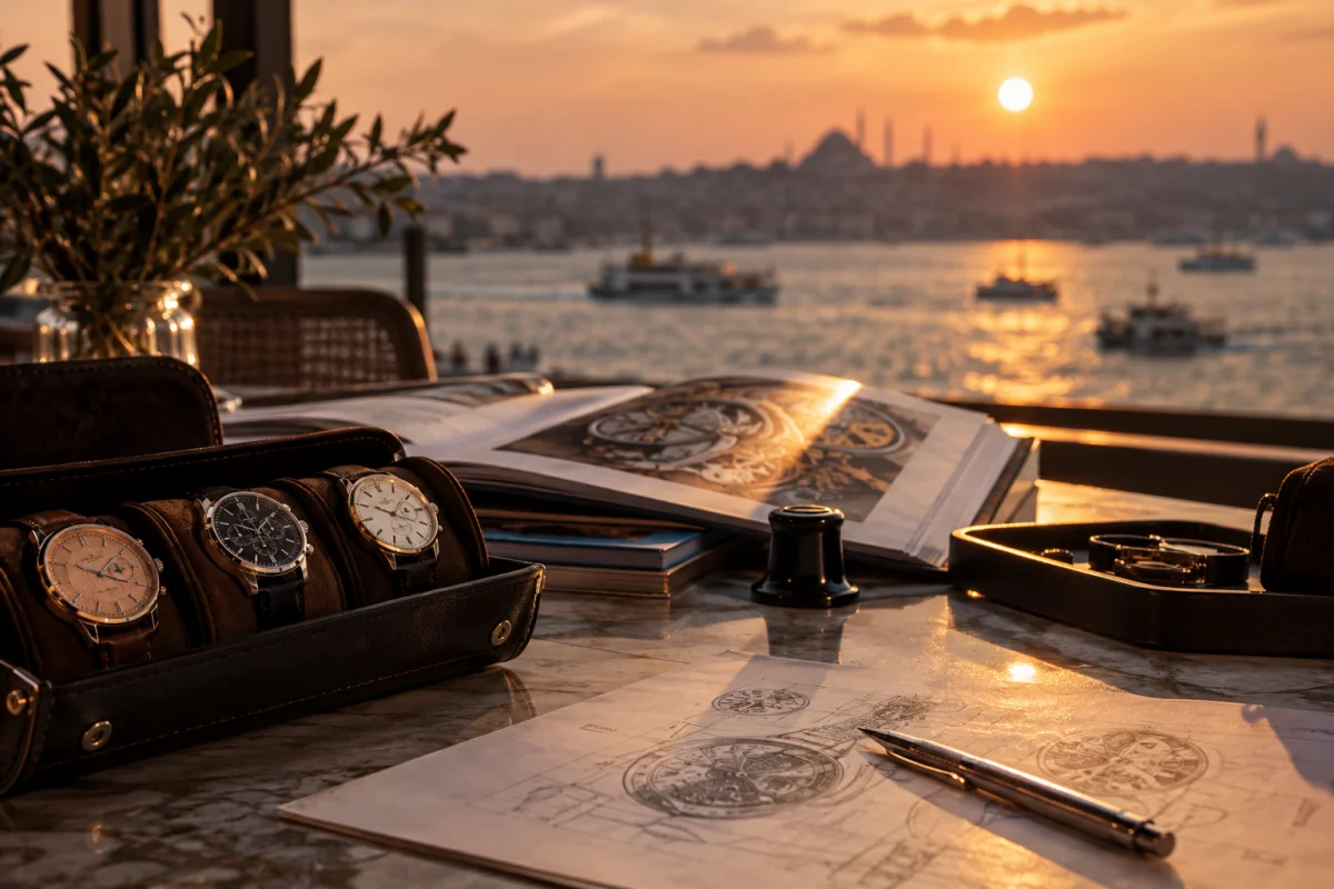Istanbul Saat Festivali'nin seçkin koleksiyonundan birbirinden farklı, incelikle işlenmiş ve lüks markalara ait göz alıcı kol saatleri, festivalin atmosferini yansıtan zarif bir vitrinde parlayarak tüm detaylarıyla sunuluyor.