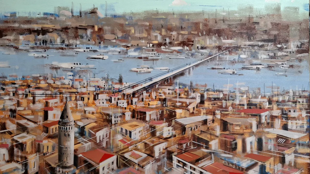 Galeri Soyut'ta açılan, Ankara'nın zengin kent belleği temasına adanmış bir sergiden detay: Sanat eserlerinin minimalist bir yaklaşımla, özenle aydınlatılmış beyaz duvarlar üzerinde sergilendiği, ferah ve modern bir galeri salonu.