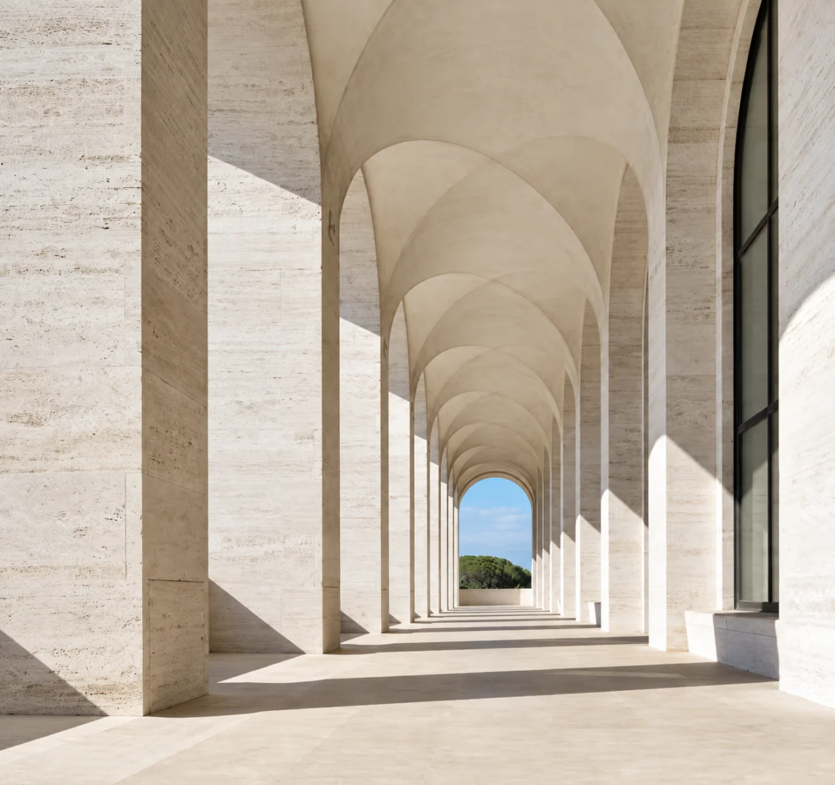 Roma'da LVMH bünyesindeki Fendi Couture'a ev sahipliği yapan Palazzo della Civiltà Italiana'nın etkileyici, açık renkli taş kemerli koridorları boyunca, zanaatın ve lüksün ardındaki sırları keşfetmeye davet eden uzun gölgeler ve uzaklardaki yeşil ağaçlar görünüyor.