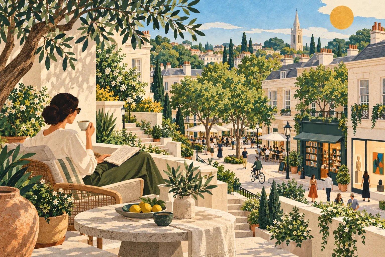 Güneşli bir terasta kitabını okuyup kahvesini yudumlayan bir kadın ve arka planda ağaçlarla çevrili, açık hava restoranlarıyla dolu canlı bir kasaba meydanı, iyi tasarımın sunduğu lüksü ve huzurlu bir yaşam biçimini gözler önüne seriyor.