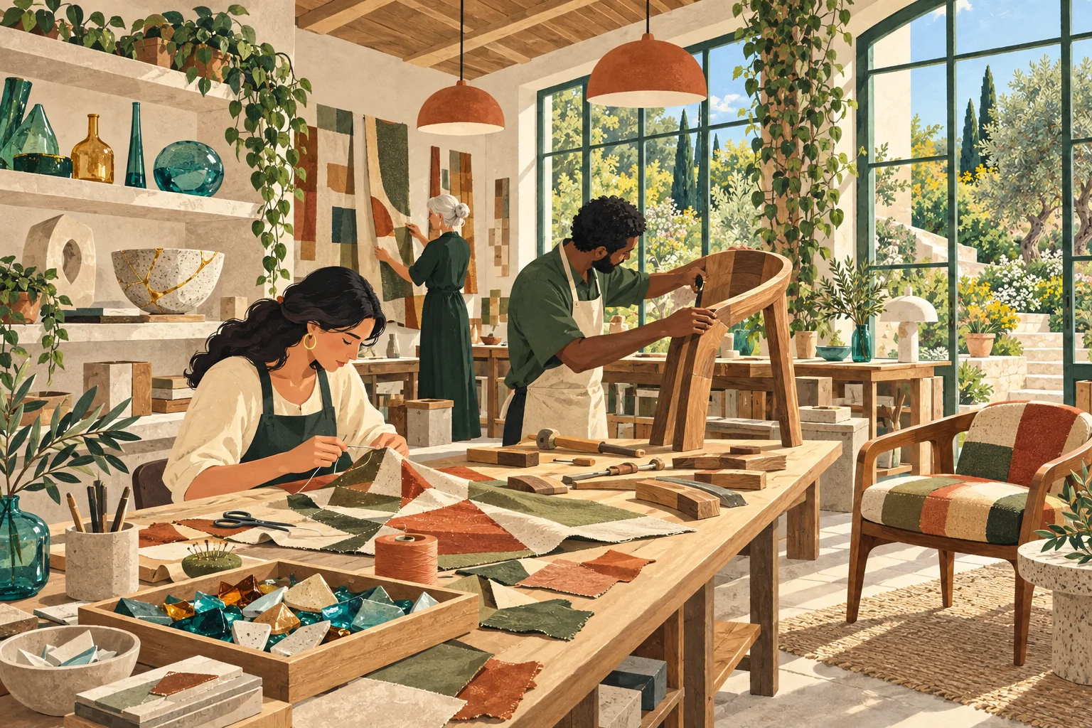 Geniş pencerelerinden doğal ışık alan, bitkilerle dolu bir atölyede, üç tasarımcı ahşap mobilya ve patchwork kumaşlar üzerinde el işçiliğiyle çalışırken, mekânın güzelliğiyle uyumlu, MARKA London'dan ilham veren sürdürülebilir tasarım ve yaratıcılık anlayışını somutlaştırıyor.