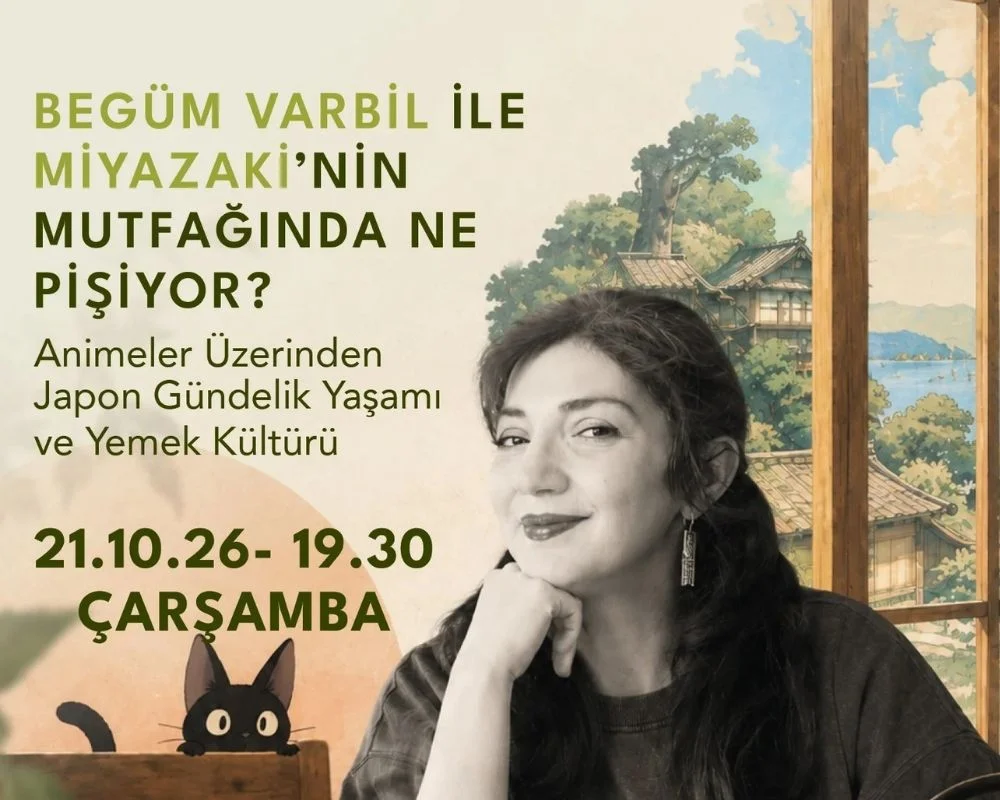 Miyazaki filmlerinin tipik sıcaklığını yansıtan bu sahnede, özenle yemek hazırlayan genç bir karakterin taze yeşillikleri doğradığı, güneşli bir pencerenin ardında yer alan canlı bir mutfak tasvir ediliyor.