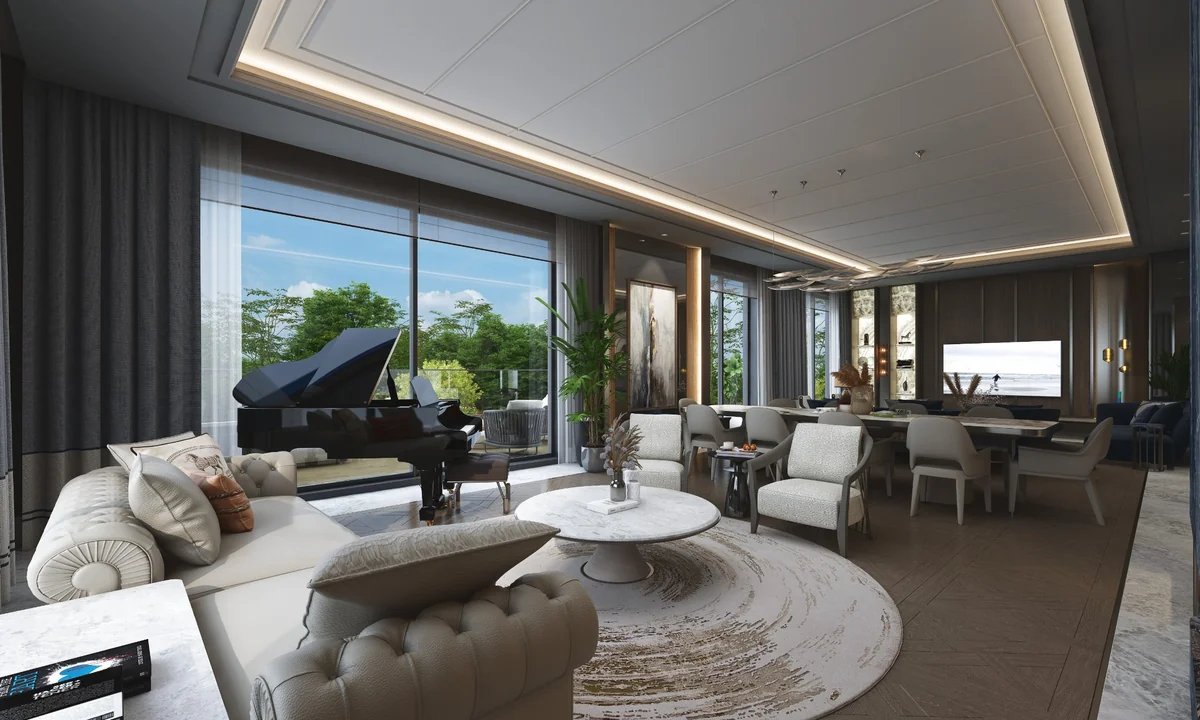 NİVAK Florya’da yeni lüks yaşam anlayışını yansıtan, büyük pencereleri, piyanosu ve geniş oturma alanıyla ferah salon.