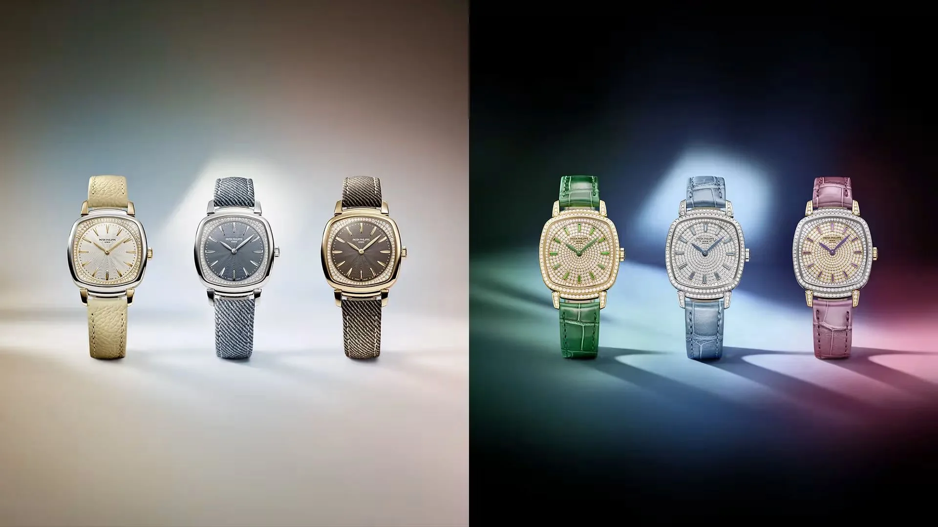 Koyu renkli, hafifçe dokulu bir zemin üzerinde duran, dikdörtgen kasalı, altın renkli bir Patek Philippe Gondolo Ladies First saatin yakın çekimi; saatin açık renkli kadranında sade indeksler, kılıç şeklindeki koyu renkli akrep ve yelkovan ile lüks deri kayışı detayları belirgin.