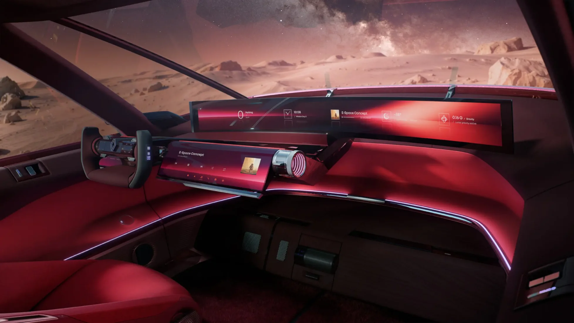 Renault E-Space konsept otomobilin futuristik iç mekanı, minimalist tasarımlı direksiyon simidi, sürücünün önünde yer alan geniş yatay dijital ekranı ve açık renkli, şık koltuklarıyla yüksek teknoloji ve ferahlık hissi uyandırıyor.