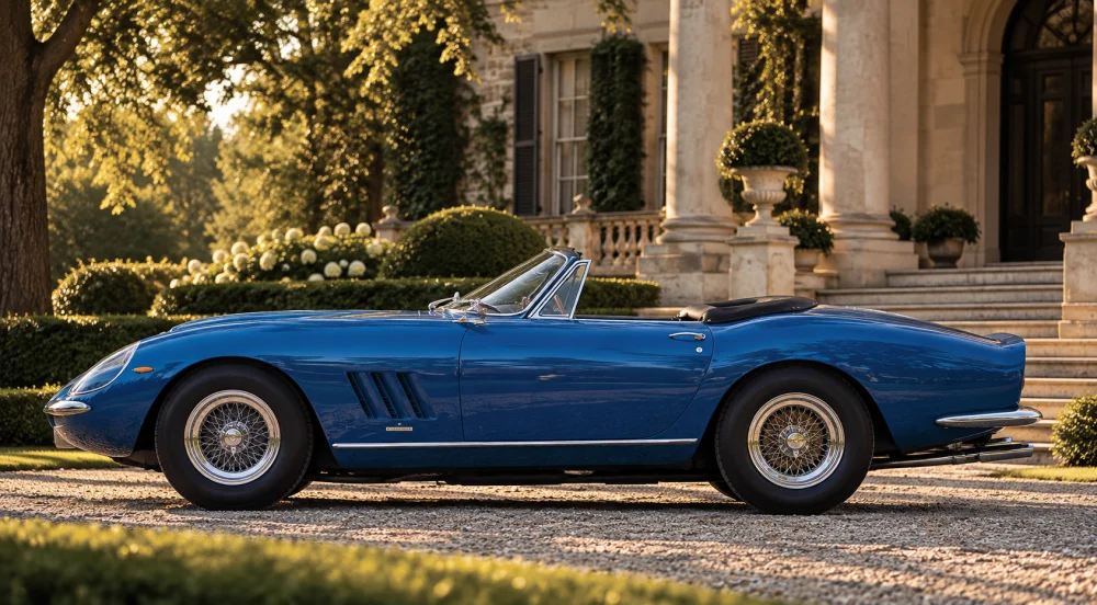 Efsanevi aktör Steve McQueen ile özdeşleşen, ikonik parlak mavi Ferrari 275 GTB NART Spider klasik otomobil, üstü açık cabrio tasarımıyla bir yol üzerinde etkileyici bir şekilde süzülüyor.