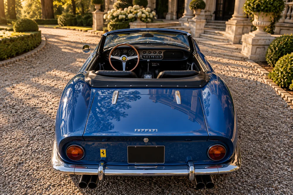 Güneş ışığında parlayan mavi renkli, zarif ve üstü açık (cabrio) bir Ferrari 275 GTB NART Spider klasik otomobil, efsanevi aktör Steve McQueen'in sahip olduğu, koleksiyoncular arasında büyük ilgi gören nadir ve ikonik bir model olarak öne çıkıyor.