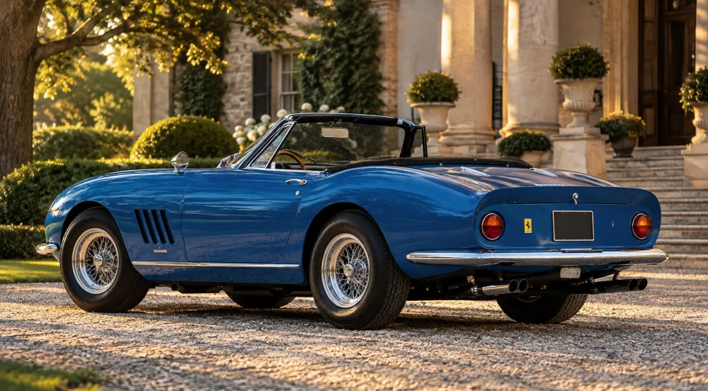 Güneşli bir ortamda, parlak mavi rengi ve göz alıcı estetiğiyle dikkat çeken, Steve McQueen ile özdeşleşmiş efsanevi Ferrari 275 GTB NART Spider klasik cabrio otomobil, zamansız şıklığı temsil ediyor.