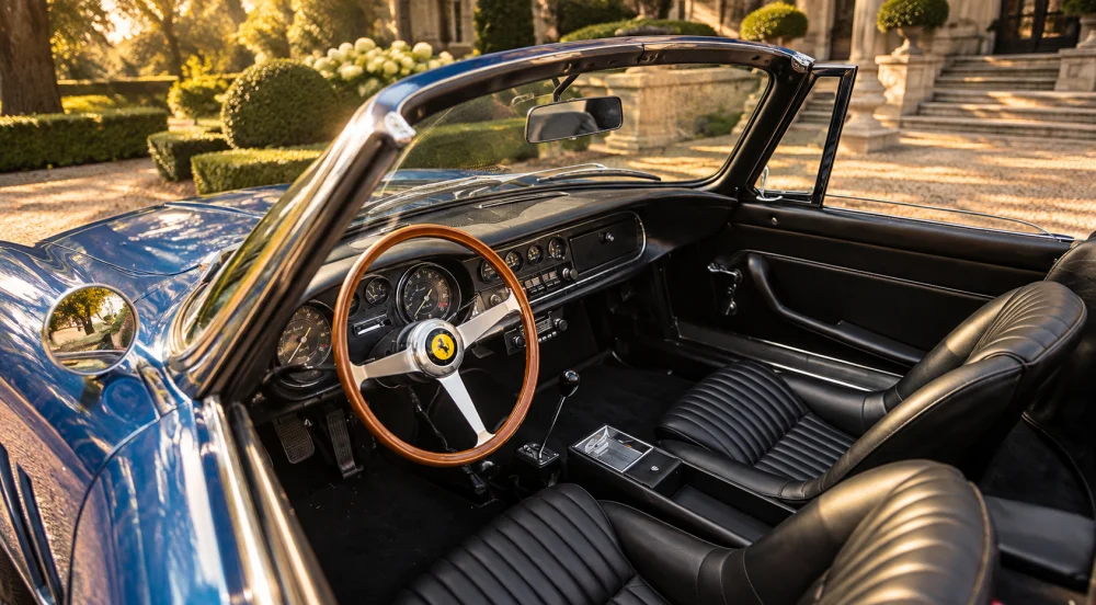 Steve McQueen'in efsanevi mavi Ferrari 275 GTB NART Spider klasik otomobilinin şık iç mekanında, yıpranmış siyah deri koltuklar ve ahşap direksiyon simidi, aracın zamansız estetiğini ve tarihindeki önemli yeri vurguluyor.